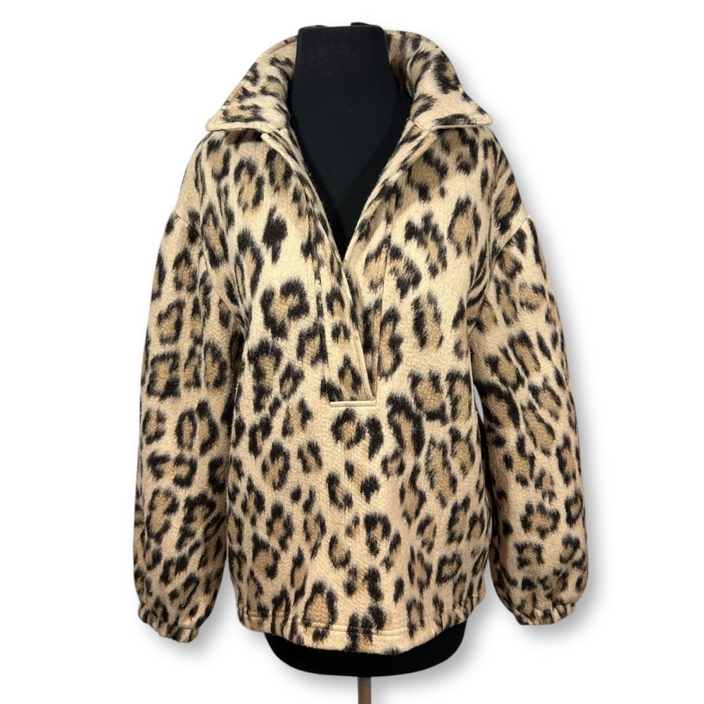 Zara Wool Blend Leopard Print Oversized Pullover Jacket‎ Half-Zip Womens XS
